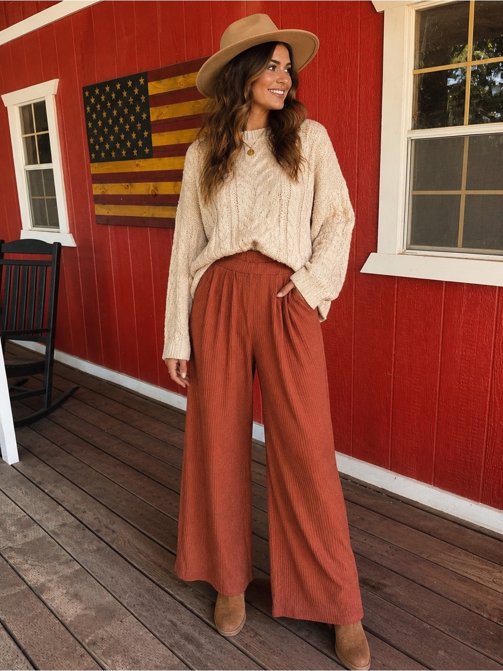 SHEIN Rust Ribbed Wide-Leg Pants - Picture 1 of 6